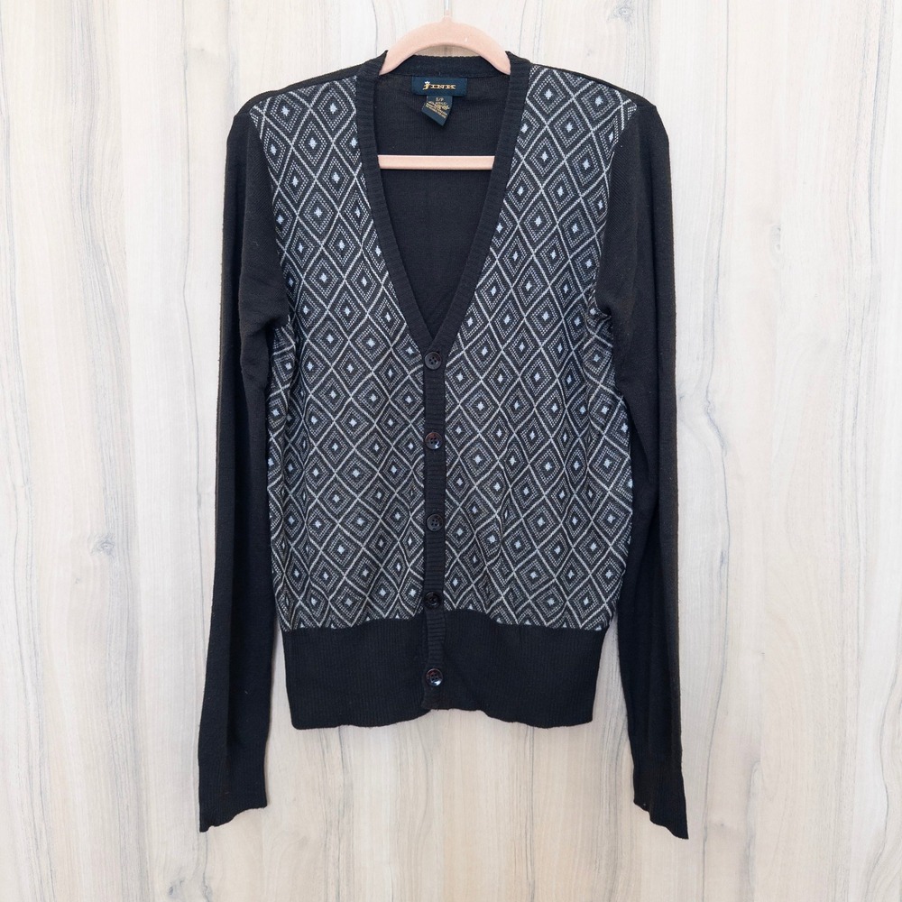 Fink Mens Cardigan‎ Sz S Brown Diamond Print Preppy Old Money Classic Quiet Luxe